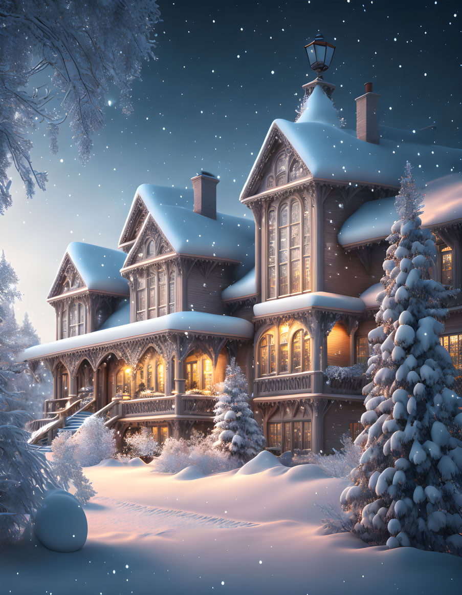 Victorian-style house with Christmas lights in snowy twilight