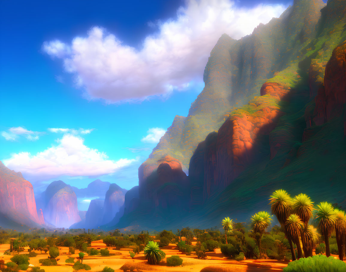 Ethereal landscape with towering cliffs and palm trees.
