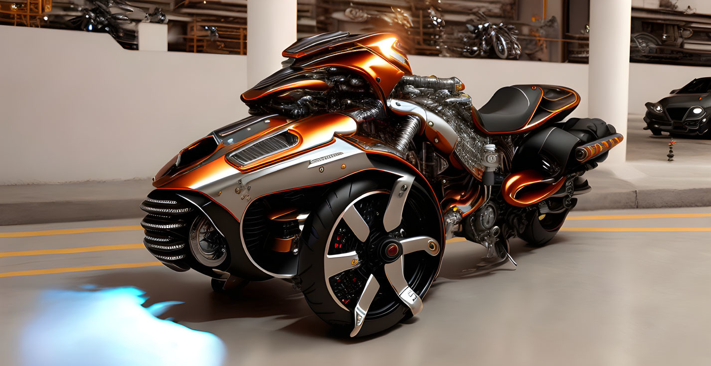 Orange and Black Futuristic Motorcycle with Neon Blue Lighting in Underground Garage