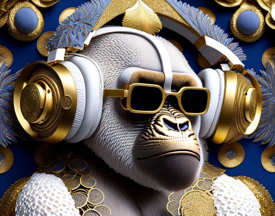 Stylized gorilla with golden sunglasses and headphones on blue and gold background