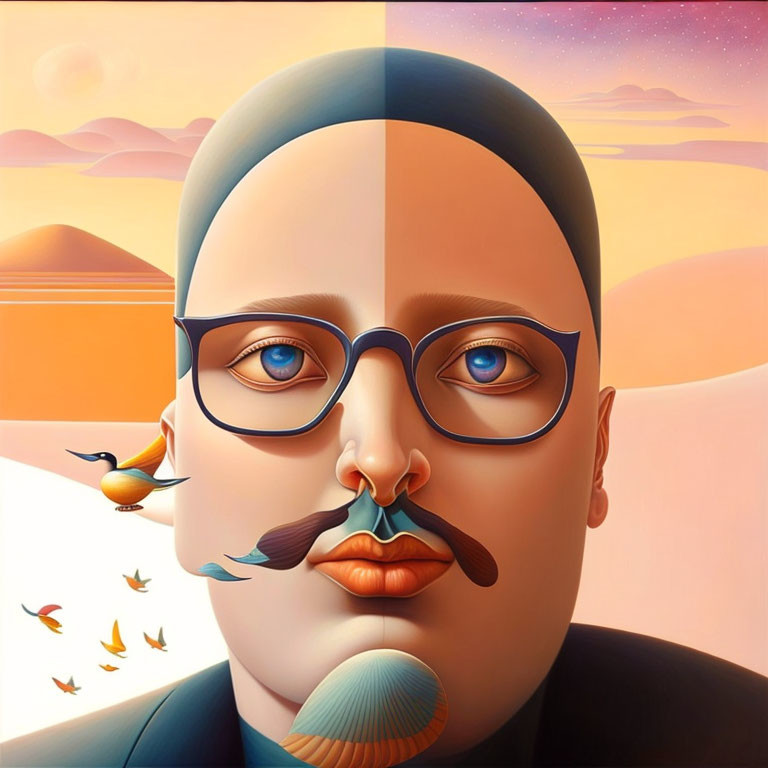 Symmetrical face with blue glasses and colorful mustache in surreal portrait