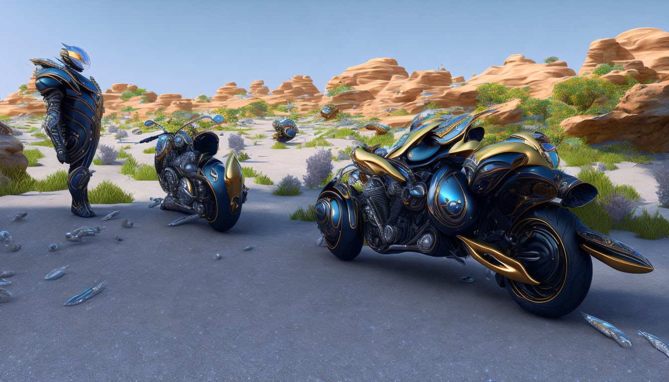 Futuristic blue and gold motorcycles in desert landscape