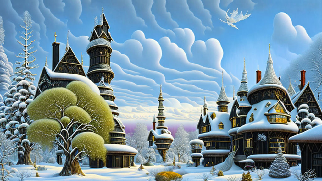 Snow-covered winter village with ornate buildings and heart-shaped clouds