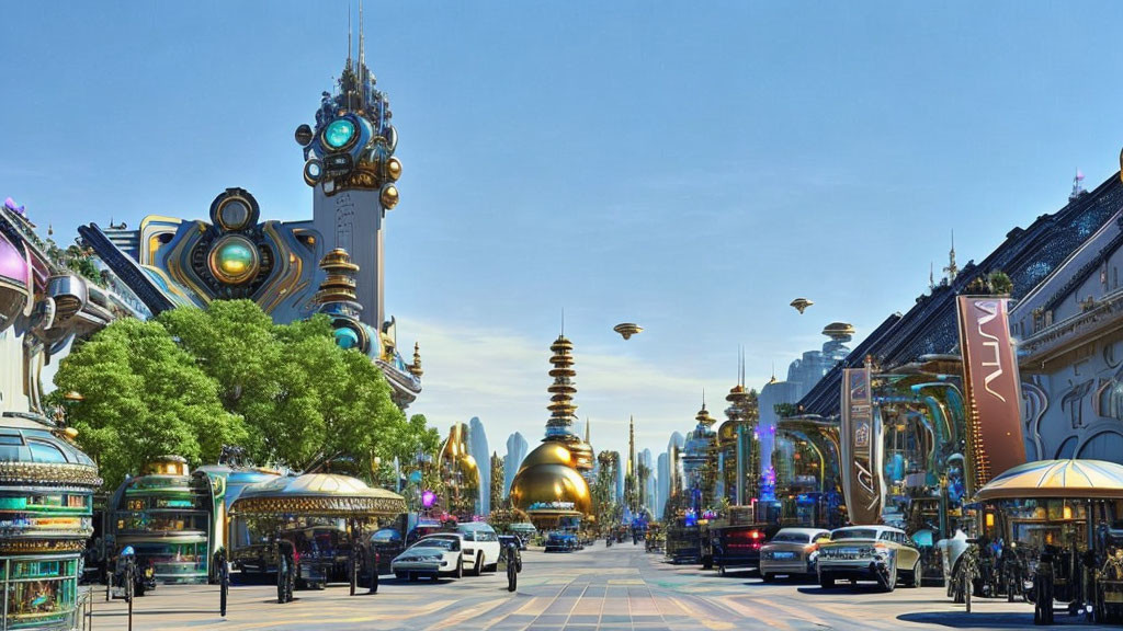 Futuristic city street with high-tech buildings and flying vehicles