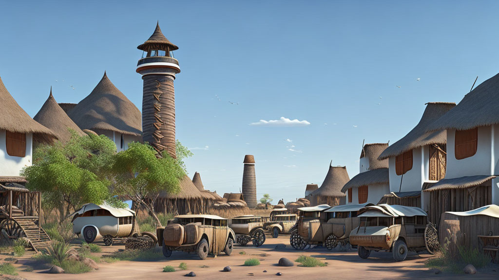 African village with thatched-roof huts, tower, carts, and greenery
