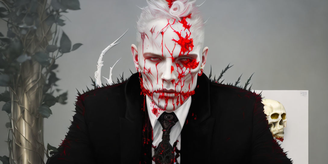 Person with White Hair and Red Face Paint in Black Suit with Skull and Foliage