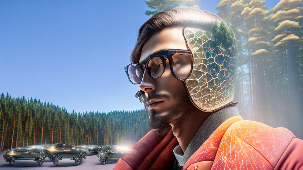 Man with Transparent Honeycomb Head Revealing Forest and Futuristic Cars
