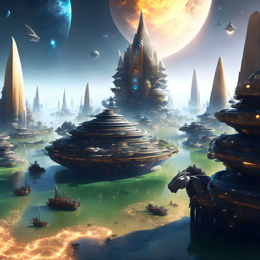 Futuristic cityscape with towering spires and spaceships against a moonlit sky