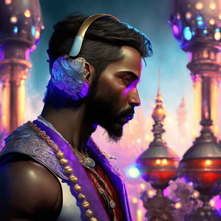 Digital artwork of bearded man in royal attire with headphones against ornate spires