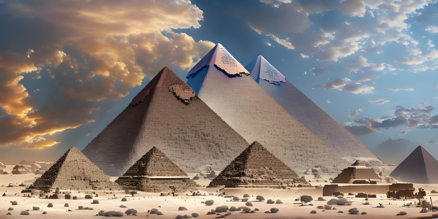 Snow-capped Great Pyramids of Giza at sunset