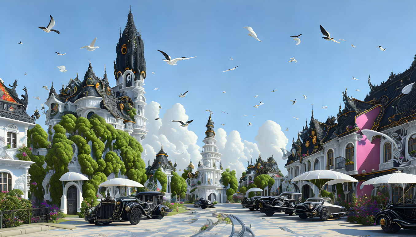 Whimsical cityscape with ornate buildings and vintage cars