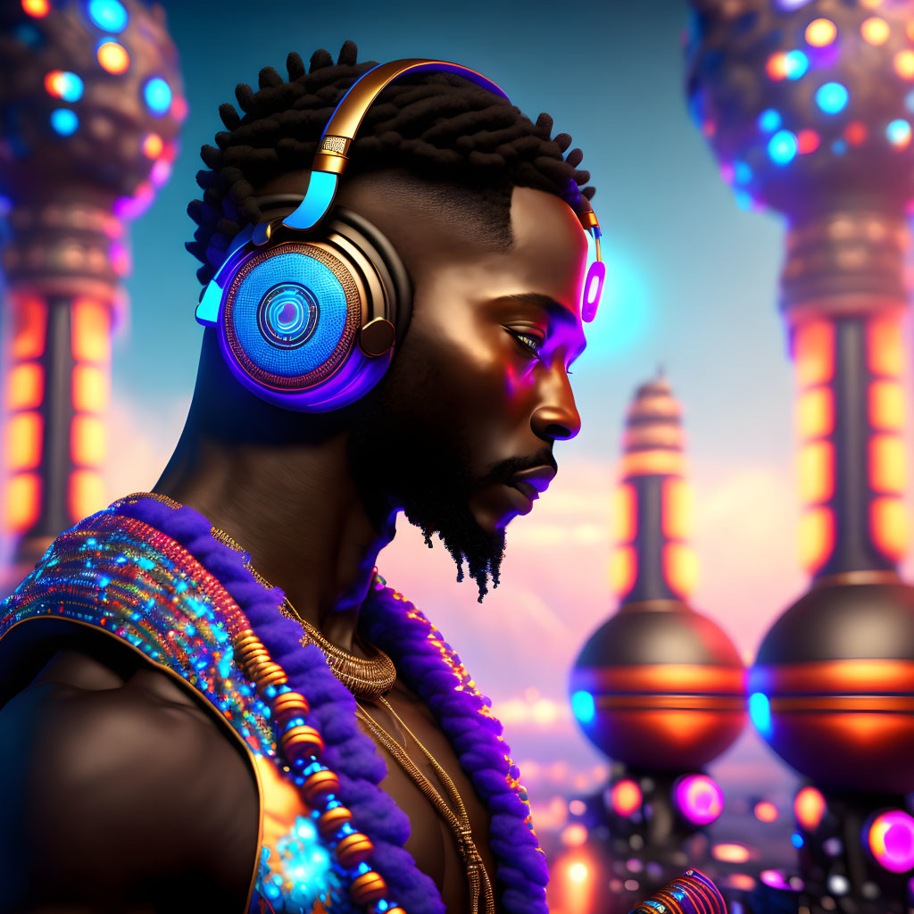 Futuristic digital artwork of a man with headphones and glowing orbs