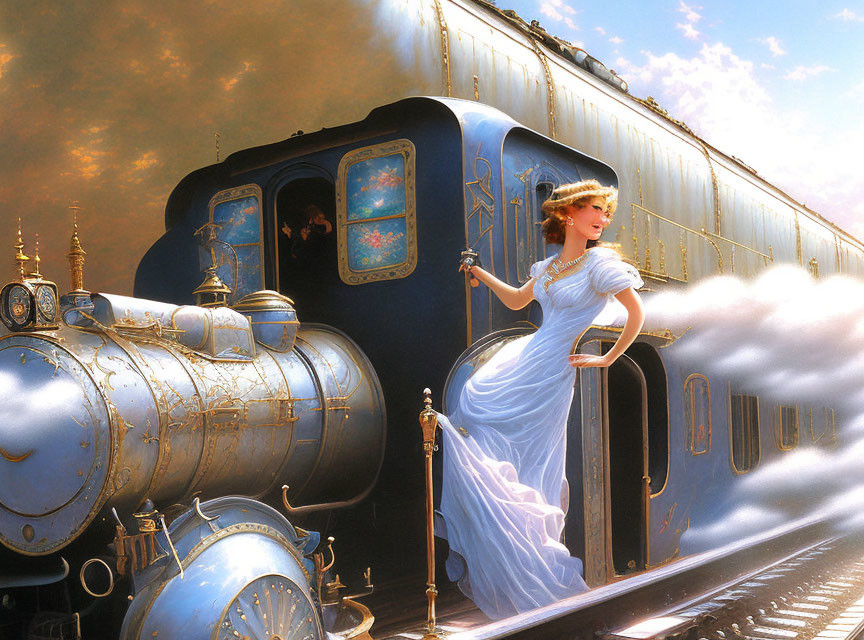 Woman in Blue Dress on Elegant Steam Train Steps