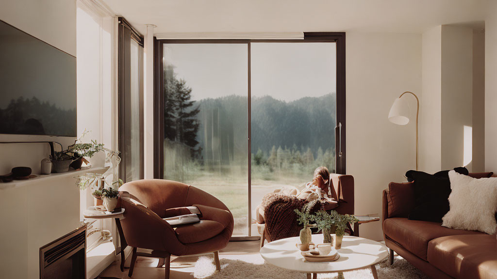 Spacious living room with nature view, brown sofa, chairs, and woman basking in sunlight