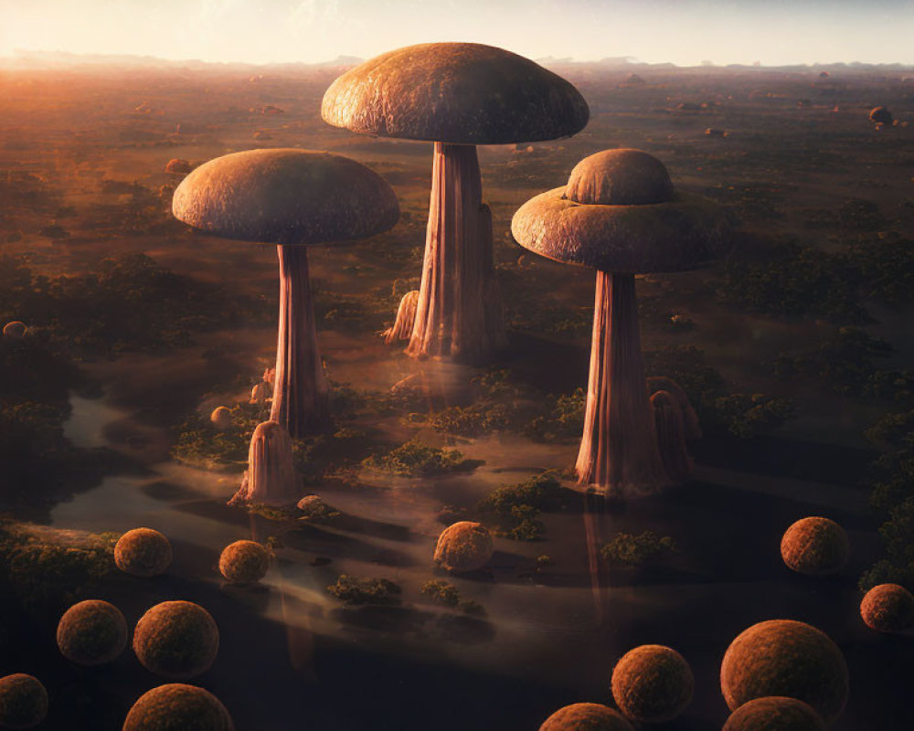 Mysterious twilight landscape with giant mushroom-shaped structures and misty plain.