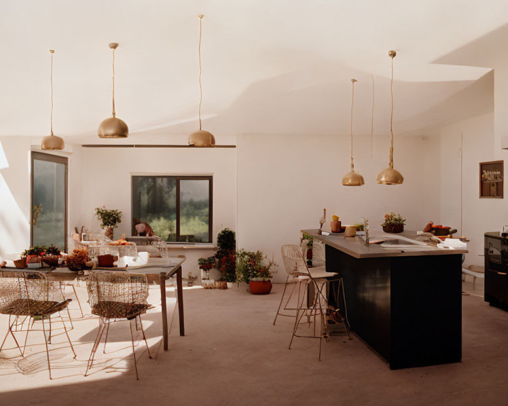 Modern sunlit kitchen with island, pendant lights, stainless steel appliances, mountain view dining area