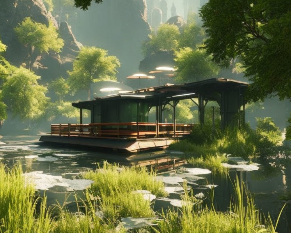 Tranquil lake scene with modern gazebo, greenery, and cliffs