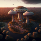 Mysterious twilight landscape with giant mushroom-shaped structures and misty plain.