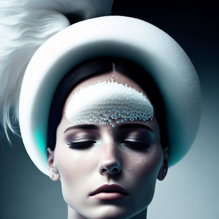 Stylish woman with white hat and artistic makeup on dark background