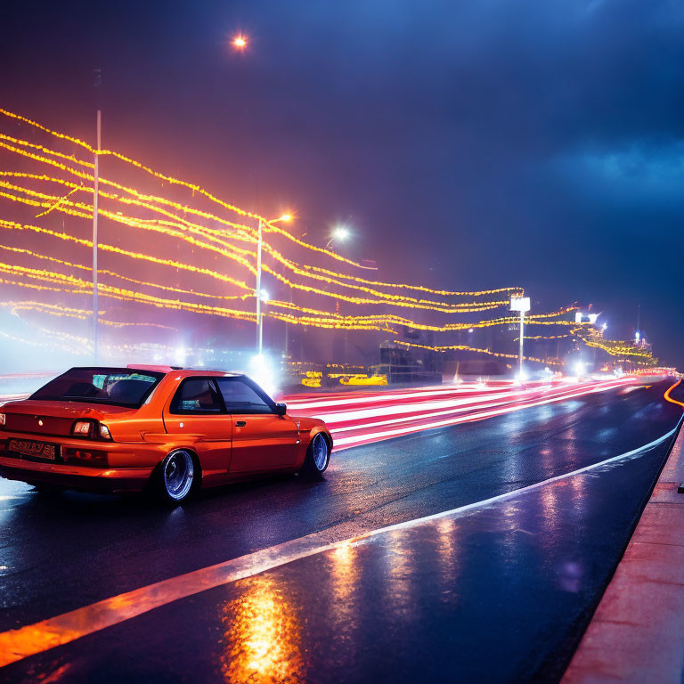 Vibrant night scene: orange car on wet road with light trails and streetlights