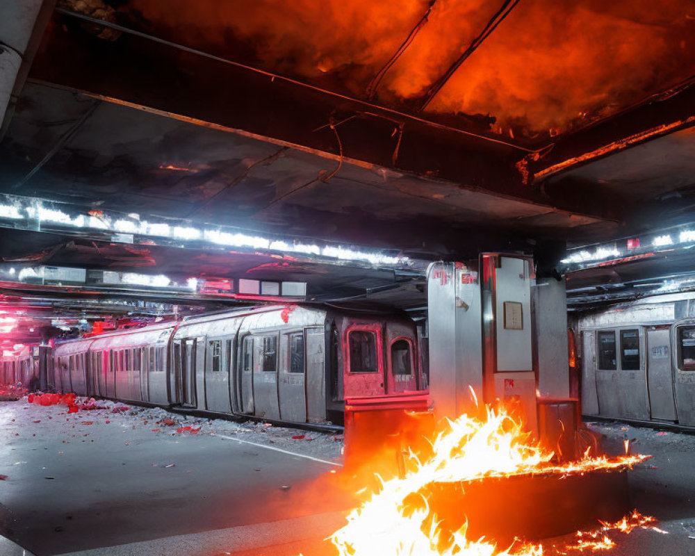 Subway train in station with fiery backdrop and burning fire on platform
