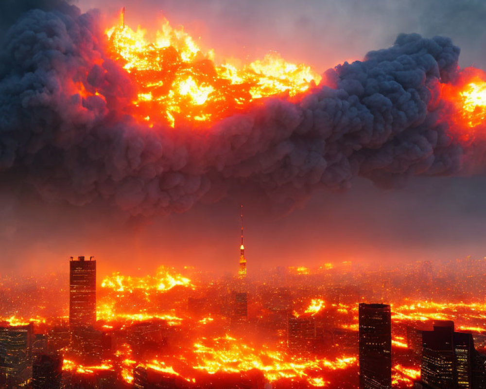 City engulfed in flames with massive fire clouds above skyscrapers