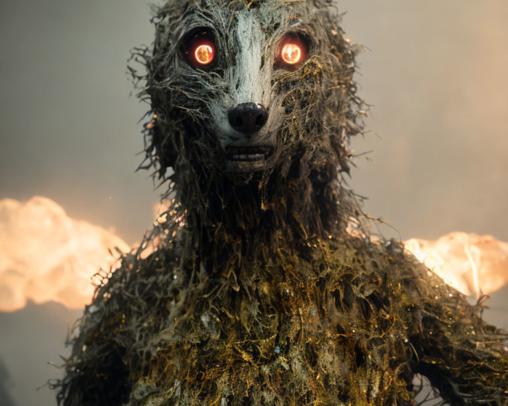 Mossy humanoid creature with glowing red eyes in misty setting