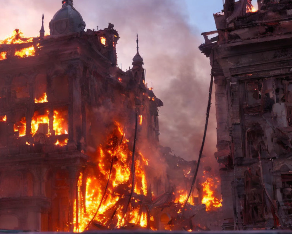 Historic building ablaze at twilight, smoke rising, on the brink of collapse.