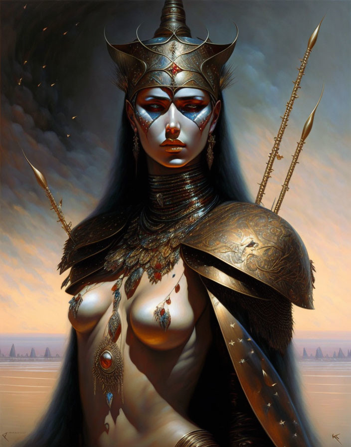 Elaborate gold armor on female warrior in mystical desert
