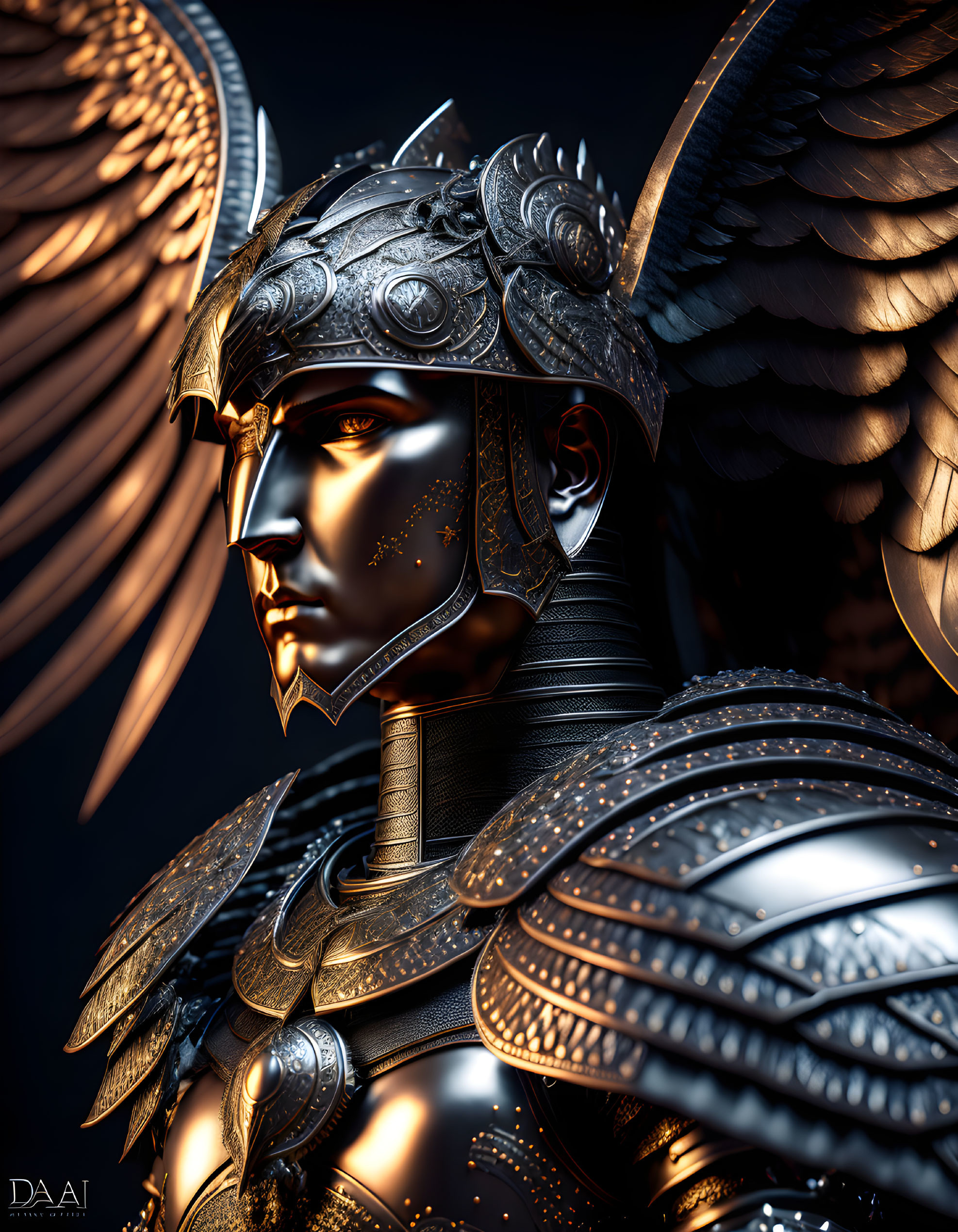 Digital artwork: Figure in ornate dark armor with winged helmet in golden light