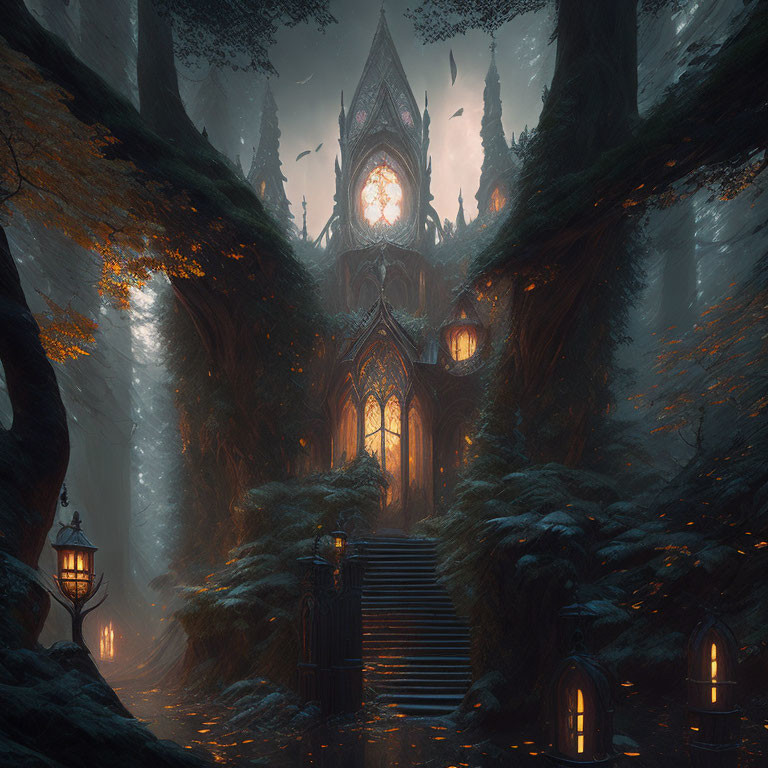 Ethereal forest setting with Gothic-style fantasy cathedral