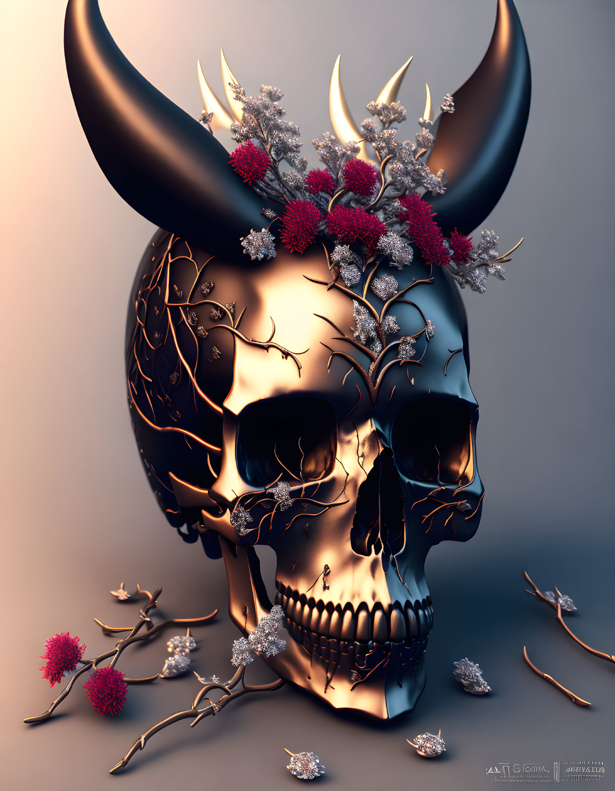 3D-rendered black skull with glowing cracks, golden branches, red flowers, and large horns on