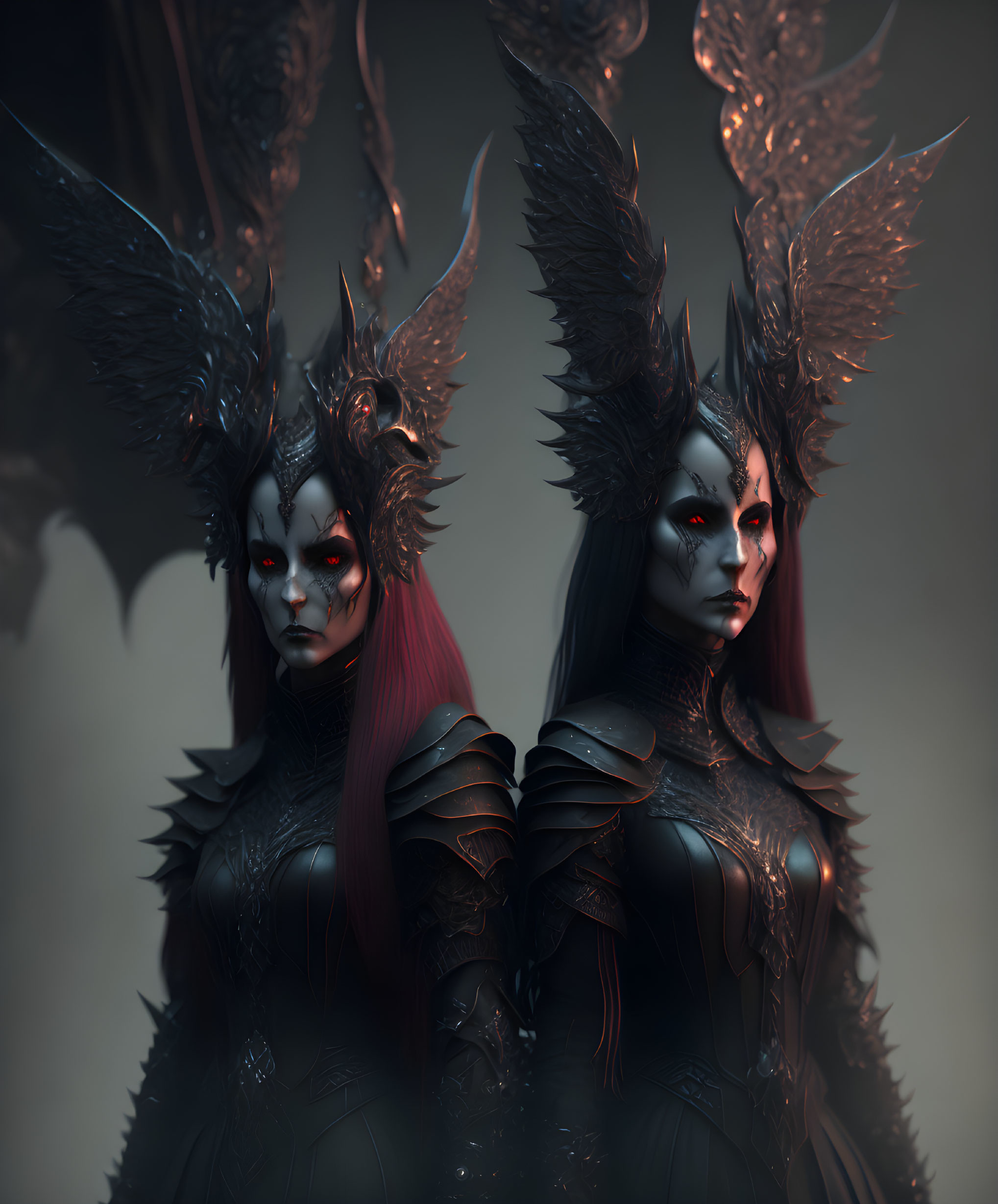 Dark armored female figures with horned headdresses in shadowed setting