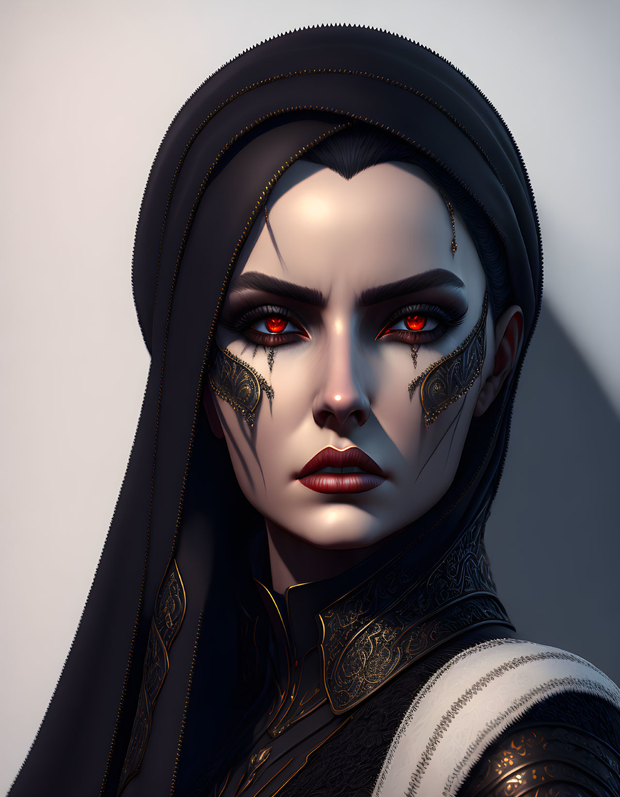 Digital portrait of woman with red eyes and black facial tattoos in hood and dark attire on light backdrop