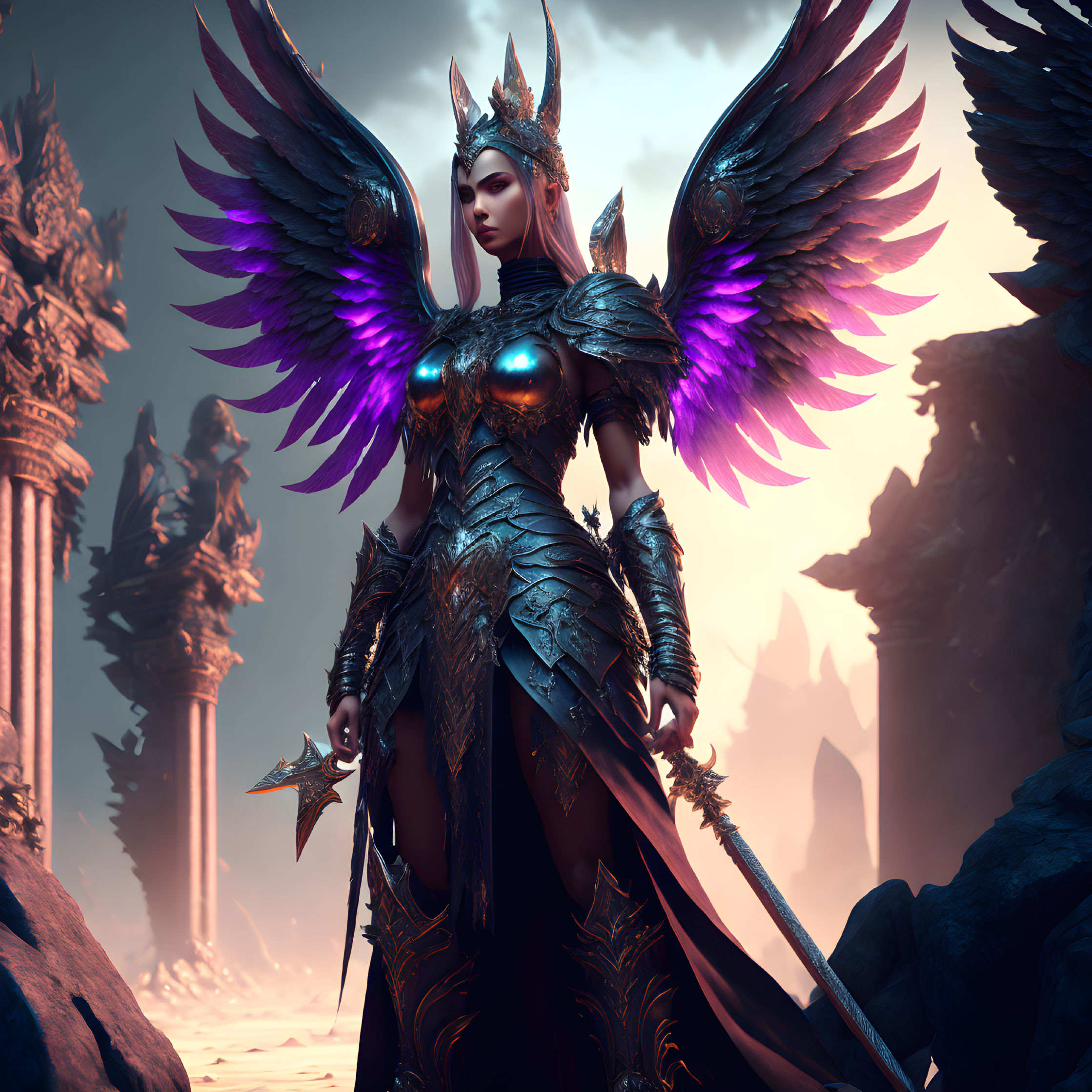 Regal warrior with purple wings in dark armor on mystical landscape