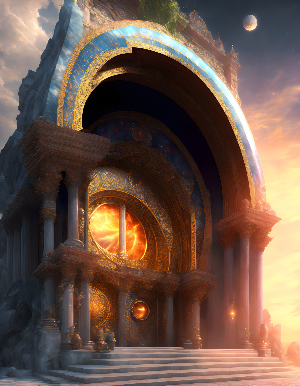 Fantasy temple with ornate arches under glowing sky