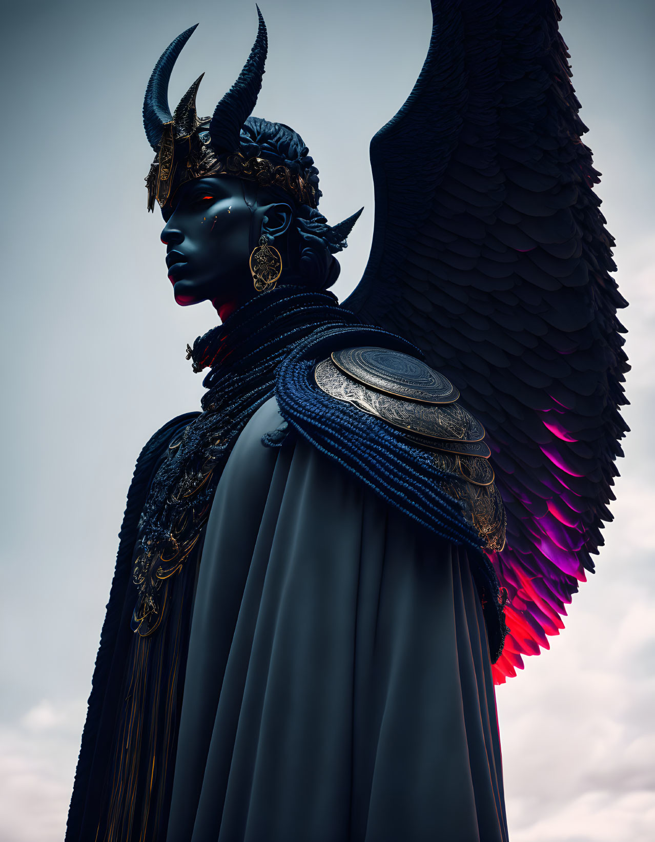 Blue-skinned figure with horns and wings in gold jewelry under cloudy sky