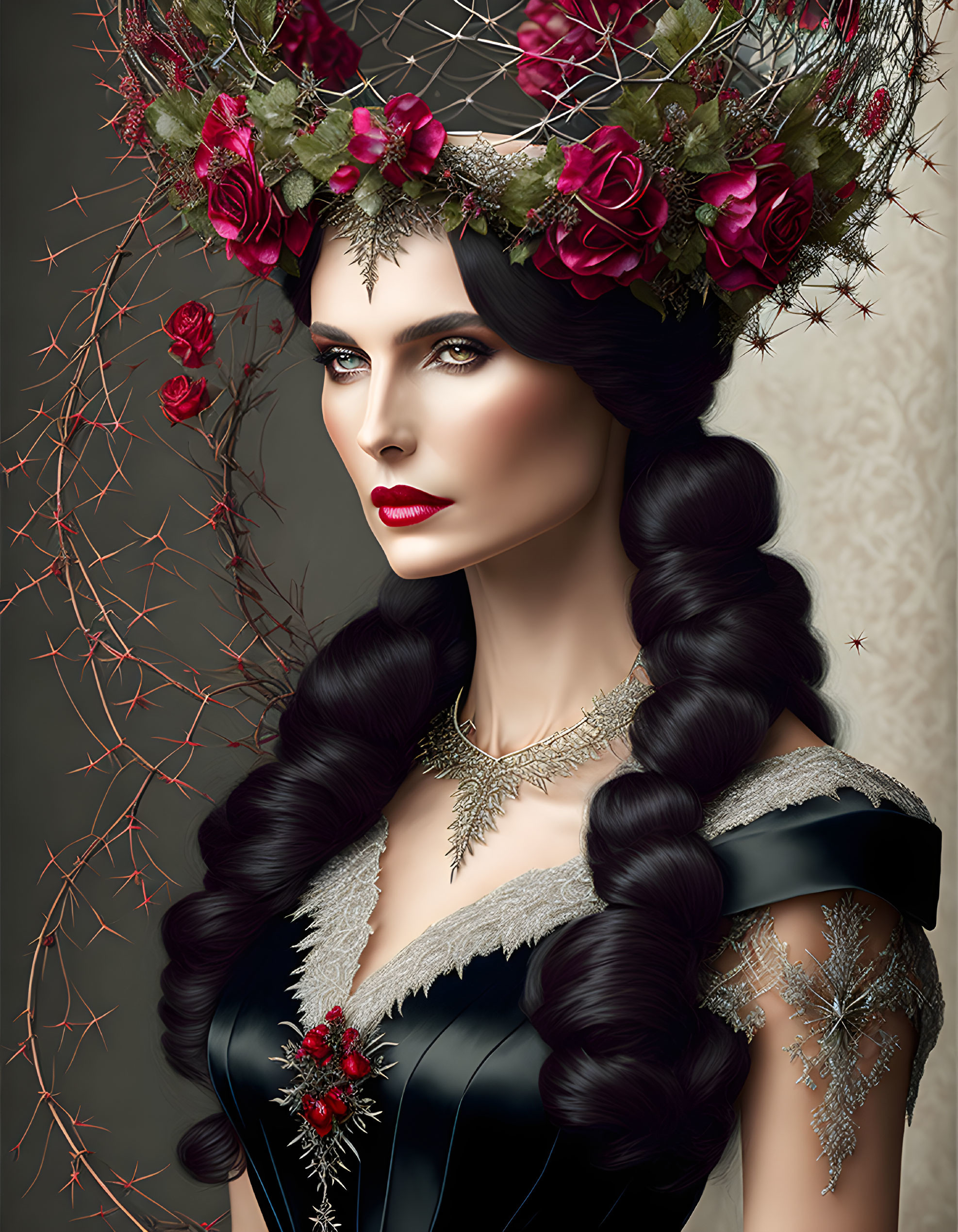 Woman with Floral Crown and Intricate Braid in Dark Lace Dress