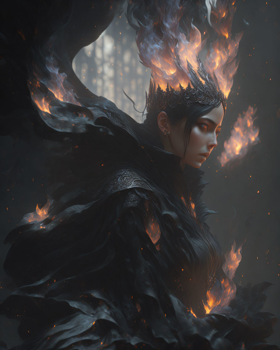 Fantasy Artwork: Figure with Flaming Crown and Ornate Cloak in Misty Forest