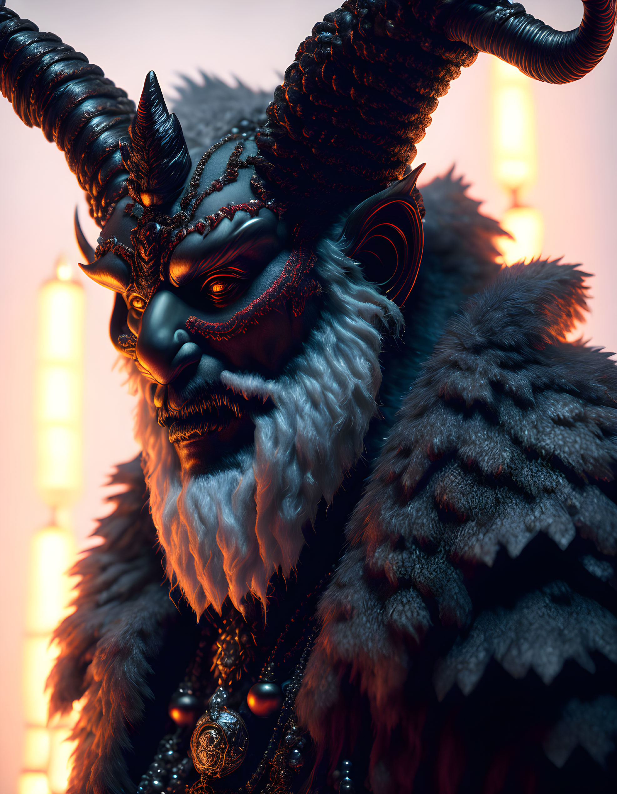 Horned fantasy character with white beard and blue face paint in ornate jewelry