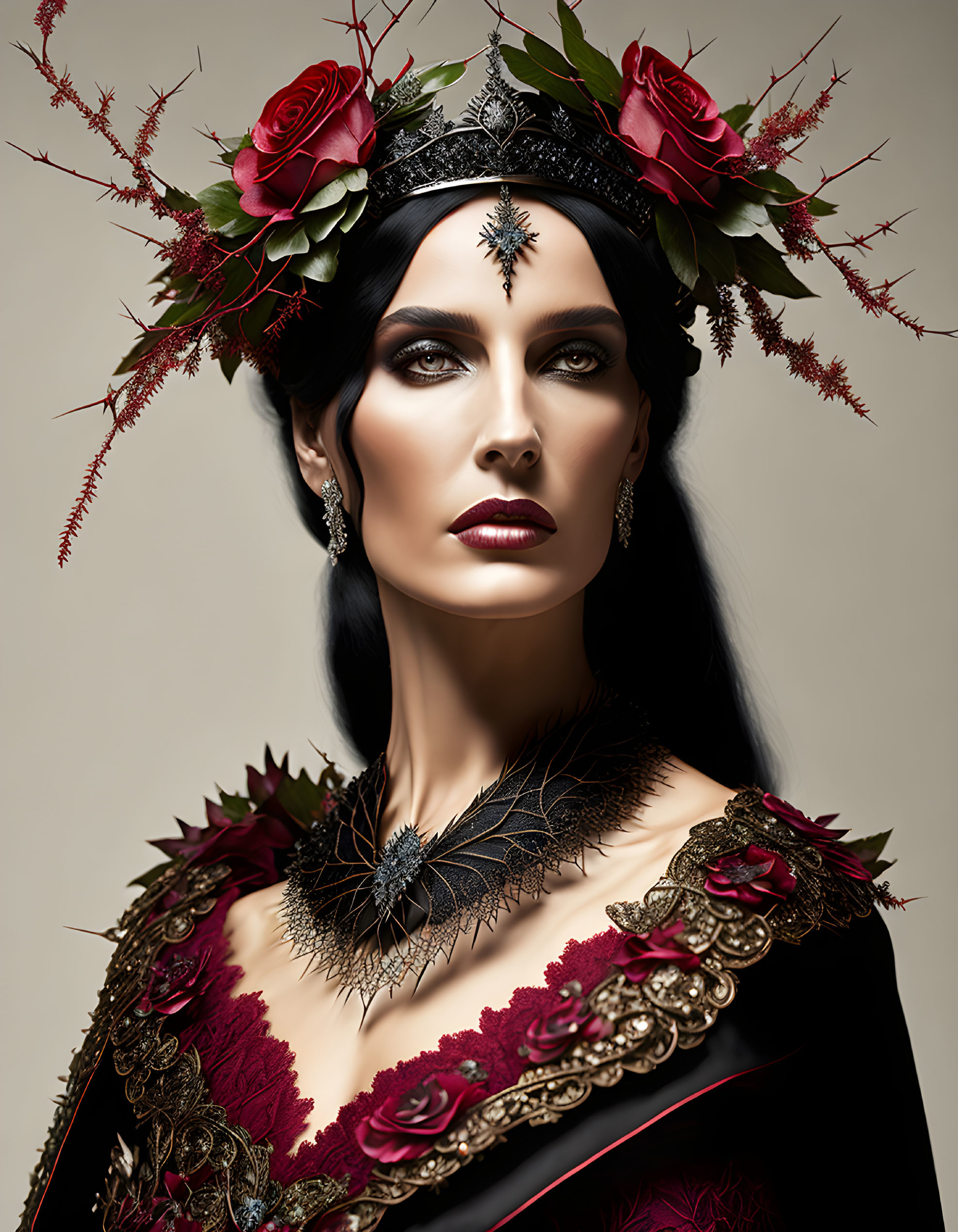 Portrait of a woman with dark hair and floral headpiece in dark dress with red embroidery.