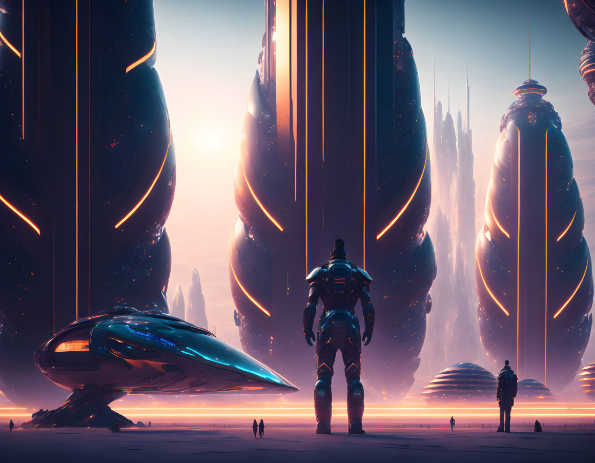 Futuristic cityscape with towering structures, spaceship, and figures in advanced suits.