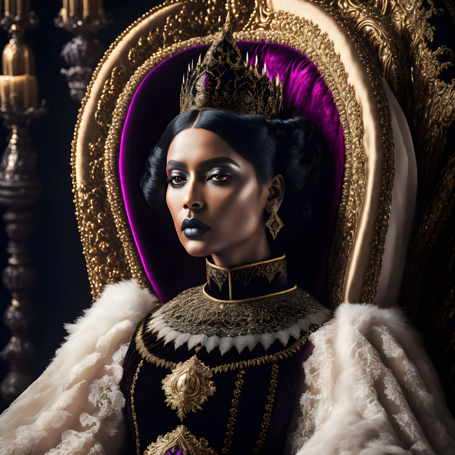 Regal woman in dark makeup with crown and fur attire on purple throne