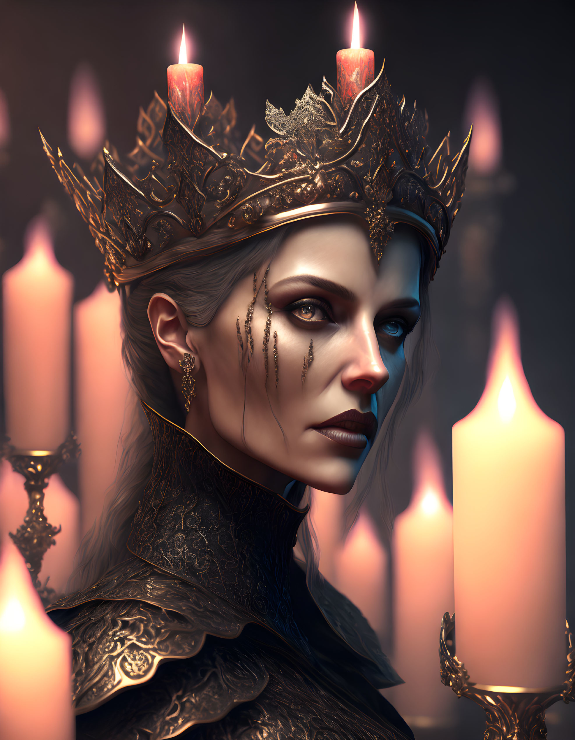 Regal woman with golden crown and jewelry in candlelit setting