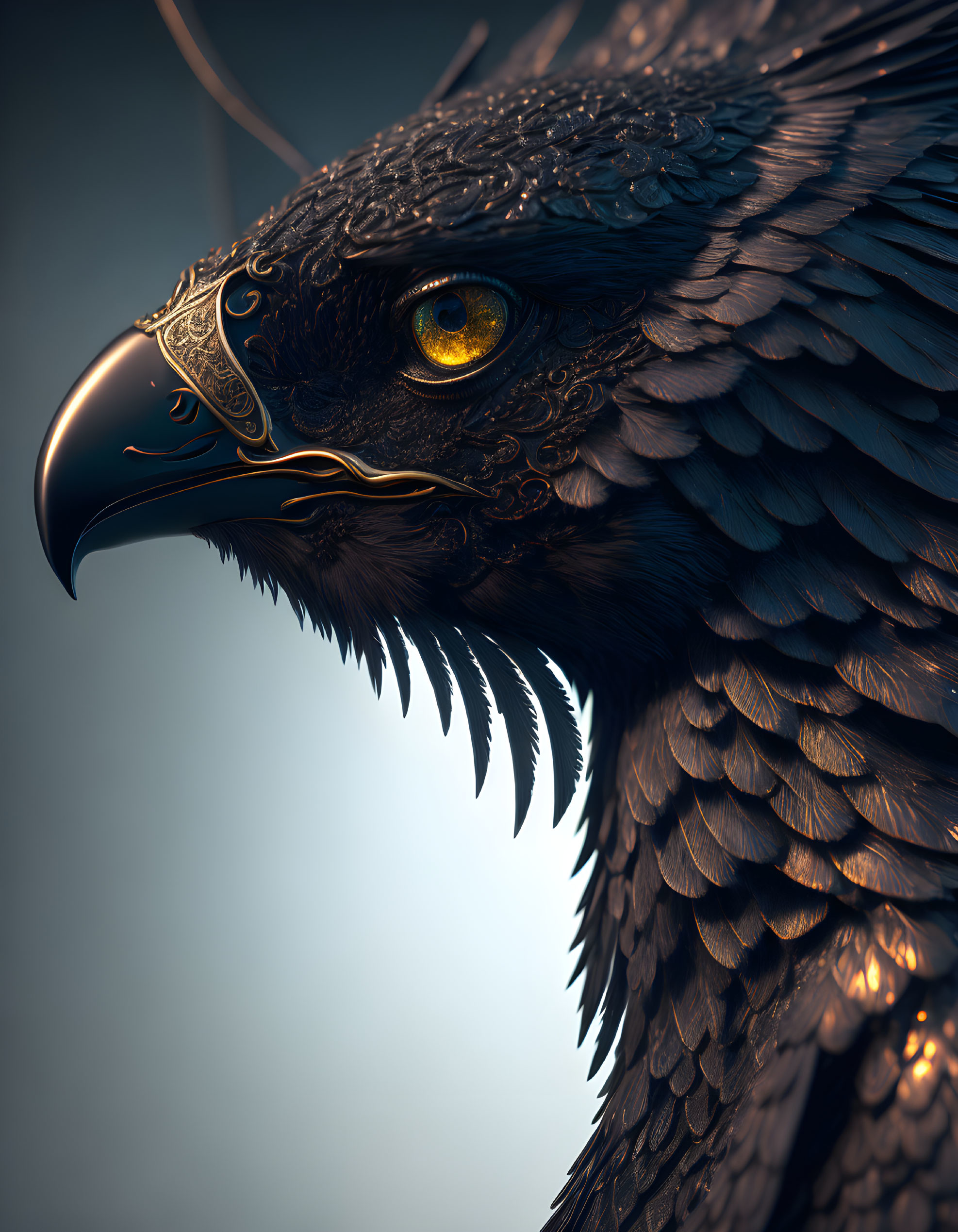 Detailed Digital Artwork of Eagle with Intricate Patterns and Yellow Eye