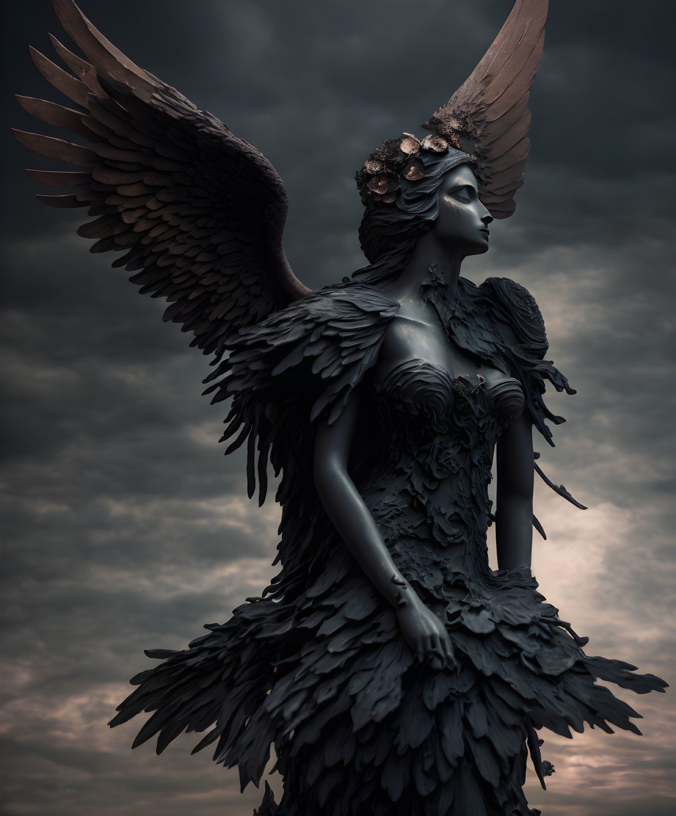 Dark Angel Wings Character with Feathered Costume and Headpiece Against Moody Sky