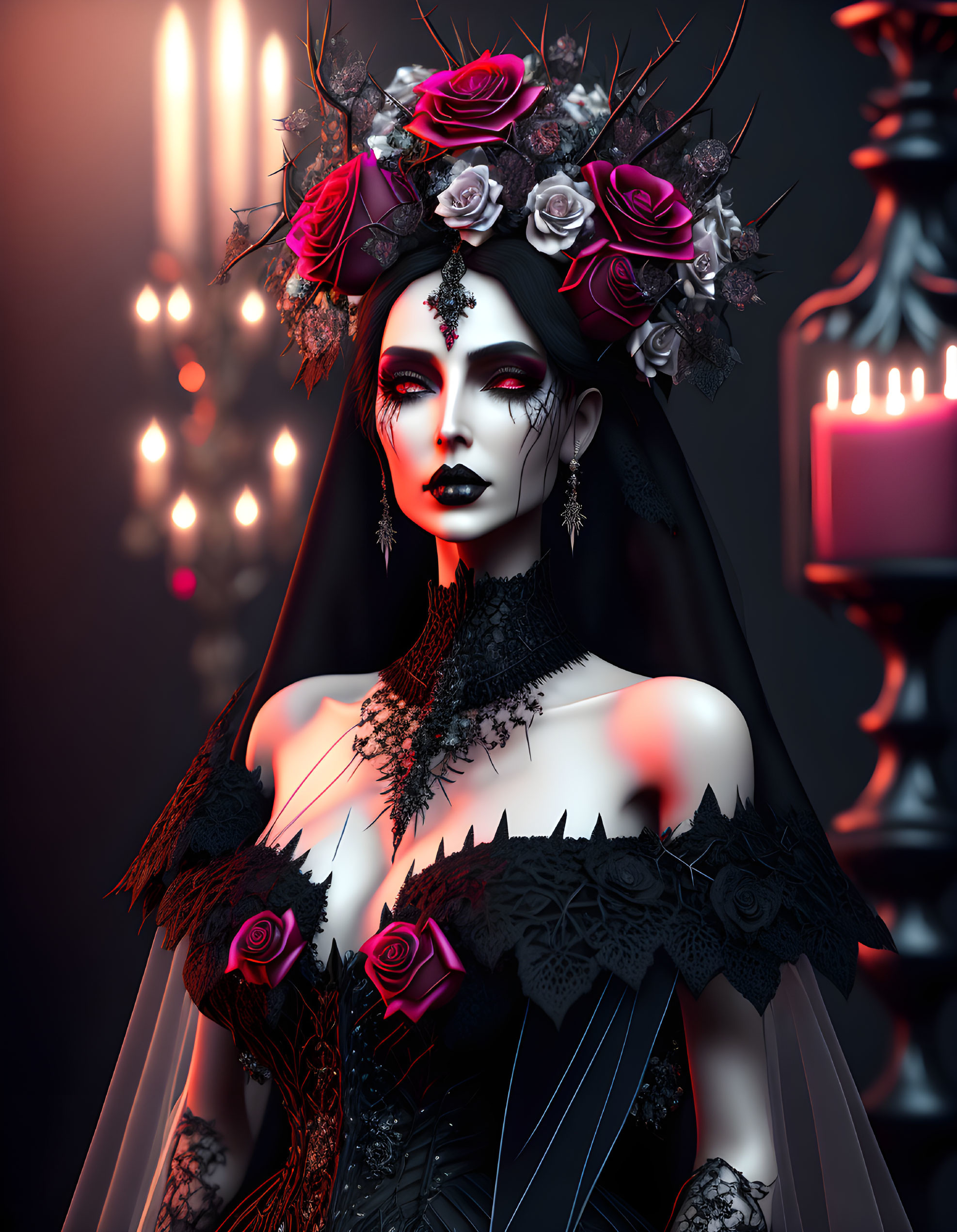 Gothic woman with rose crown in ornate black dress and dark makeup