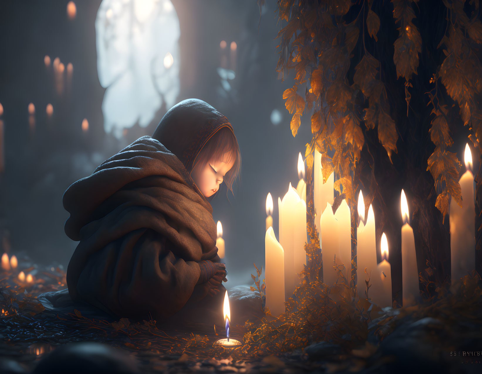 Child in hooded cloak kneels by candle in mystical forest