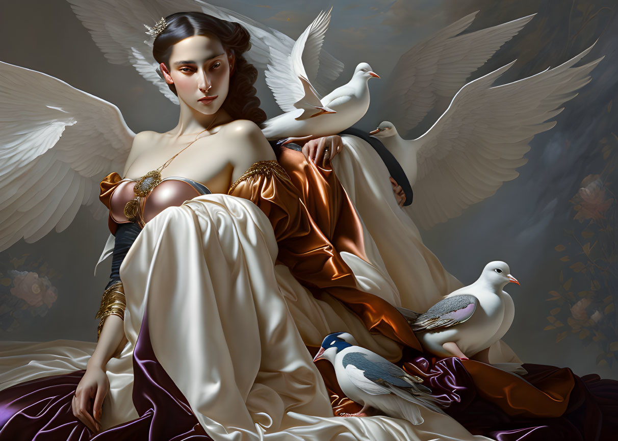 Angel with White Wings and Doves in Golden and Purple Robes
