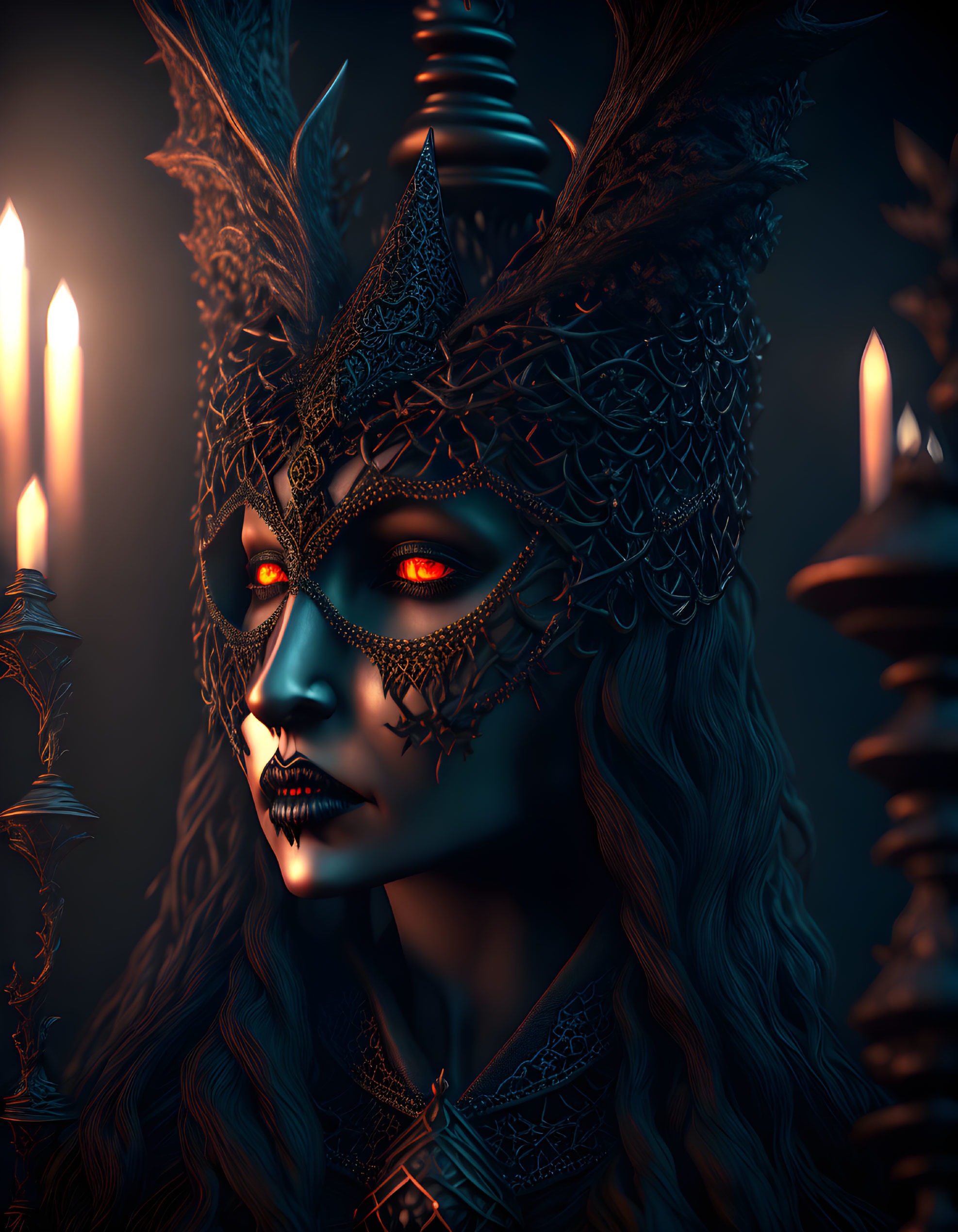 Mystical figure with glowing red eyes and ornate headgear surrounded by lit candles